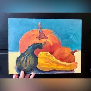 Vintage Oil Painting Still Life Pumpkin Gourds Signed Barbara 9x12 Folk Cottage